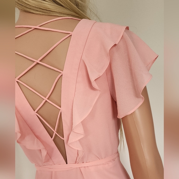 NEW LOOK SOFT PINK RUFFLES CRISS CROSS OPEN BACK WRAP STYLE MIDI DRESS US.6 NWOT - Picture 12 of 13